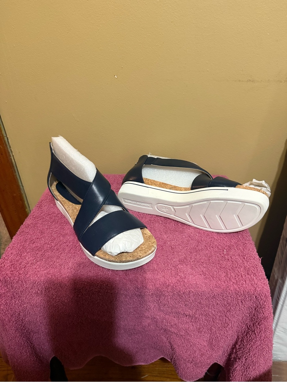 Adrienne Vittadini Navy Blue Crisscross Wedge Sandals